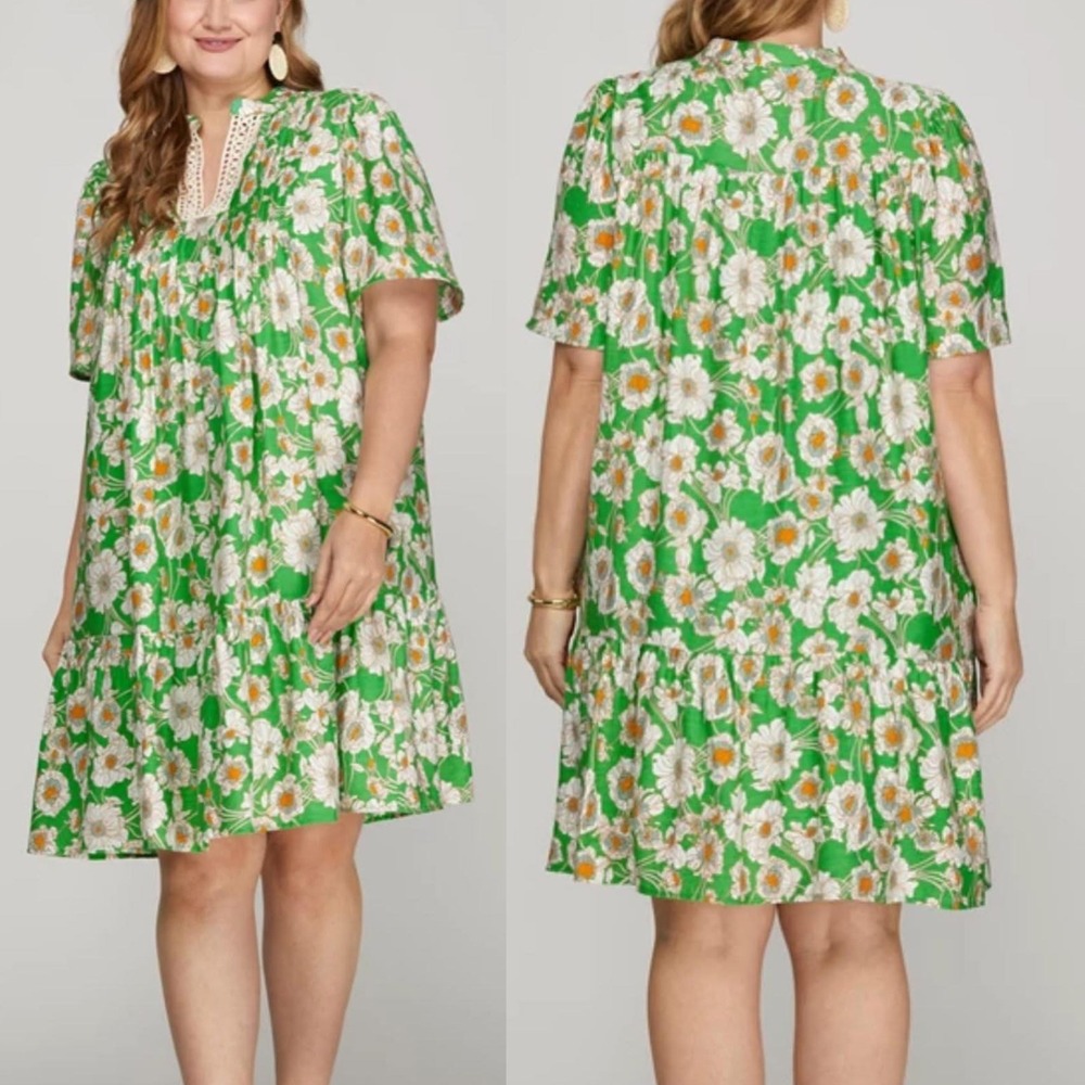 SHE + SKY Green Floral Split Neck Swing Dress 2XL Crochet trim dopamine dressing
